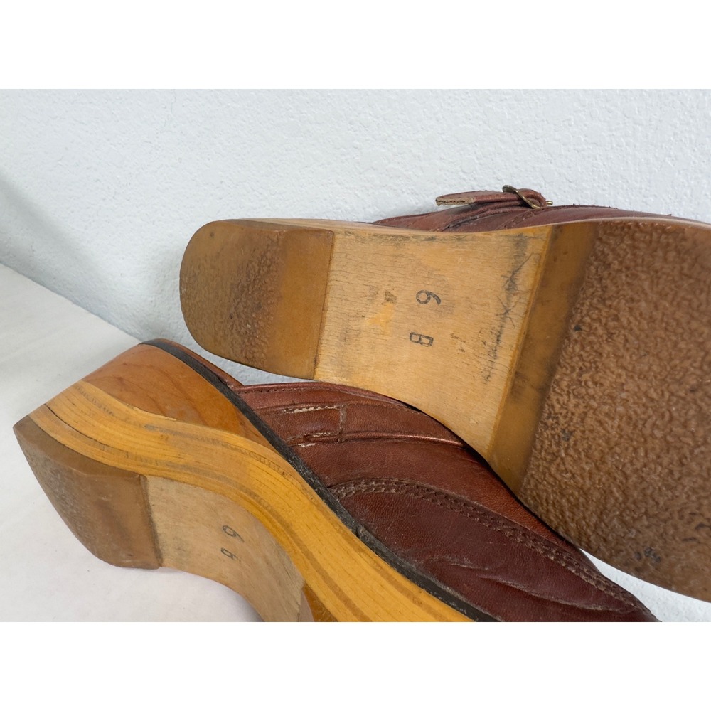Frye Leather Wooden Platform Clogs Women 6 B Cognac Brown Wingtip Mules Retro - Picture 5 of 9